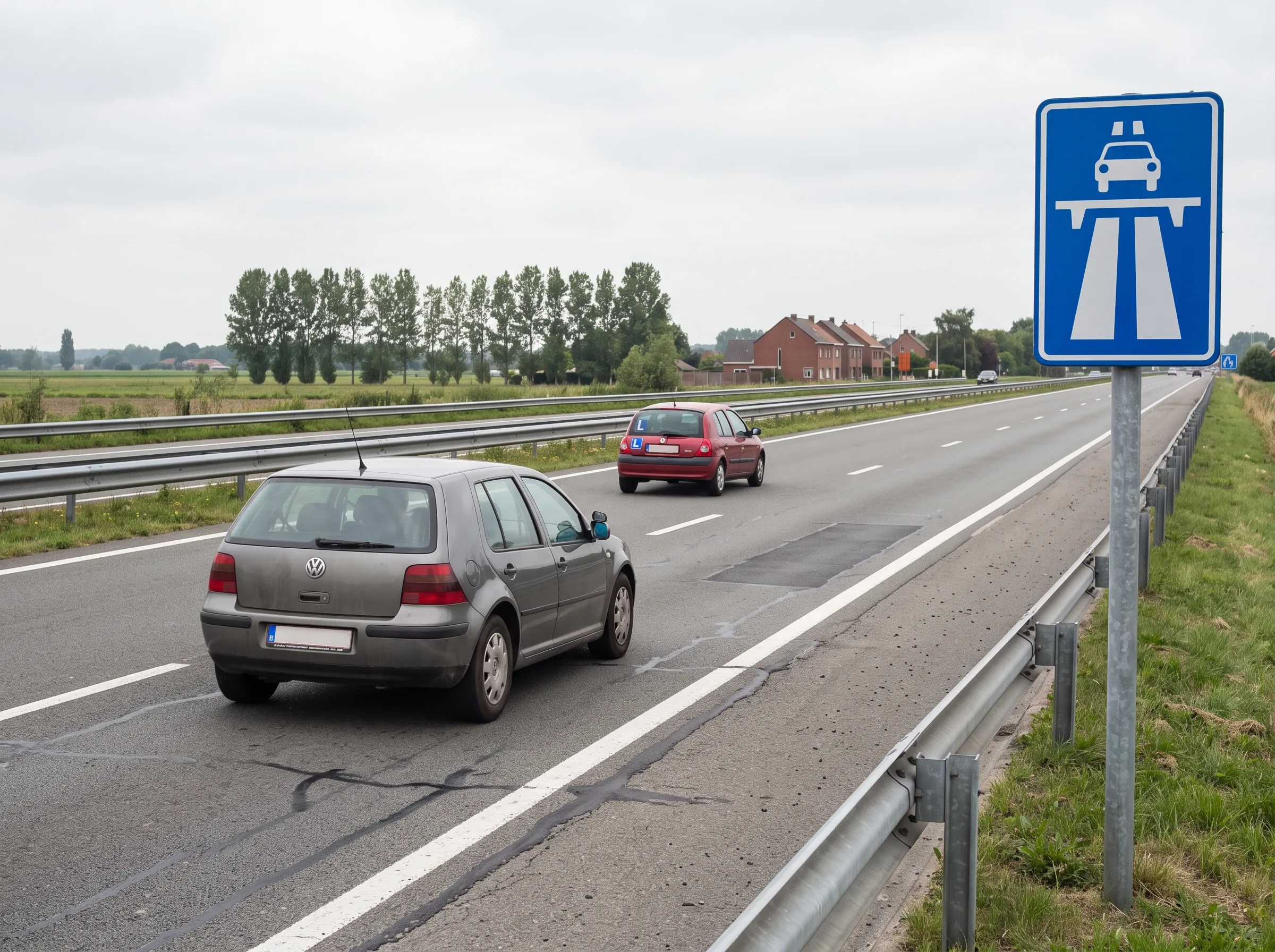 Autoroute belge vue du conducteur, avec un signe L apposé à l'arrière du véhicule qui précède