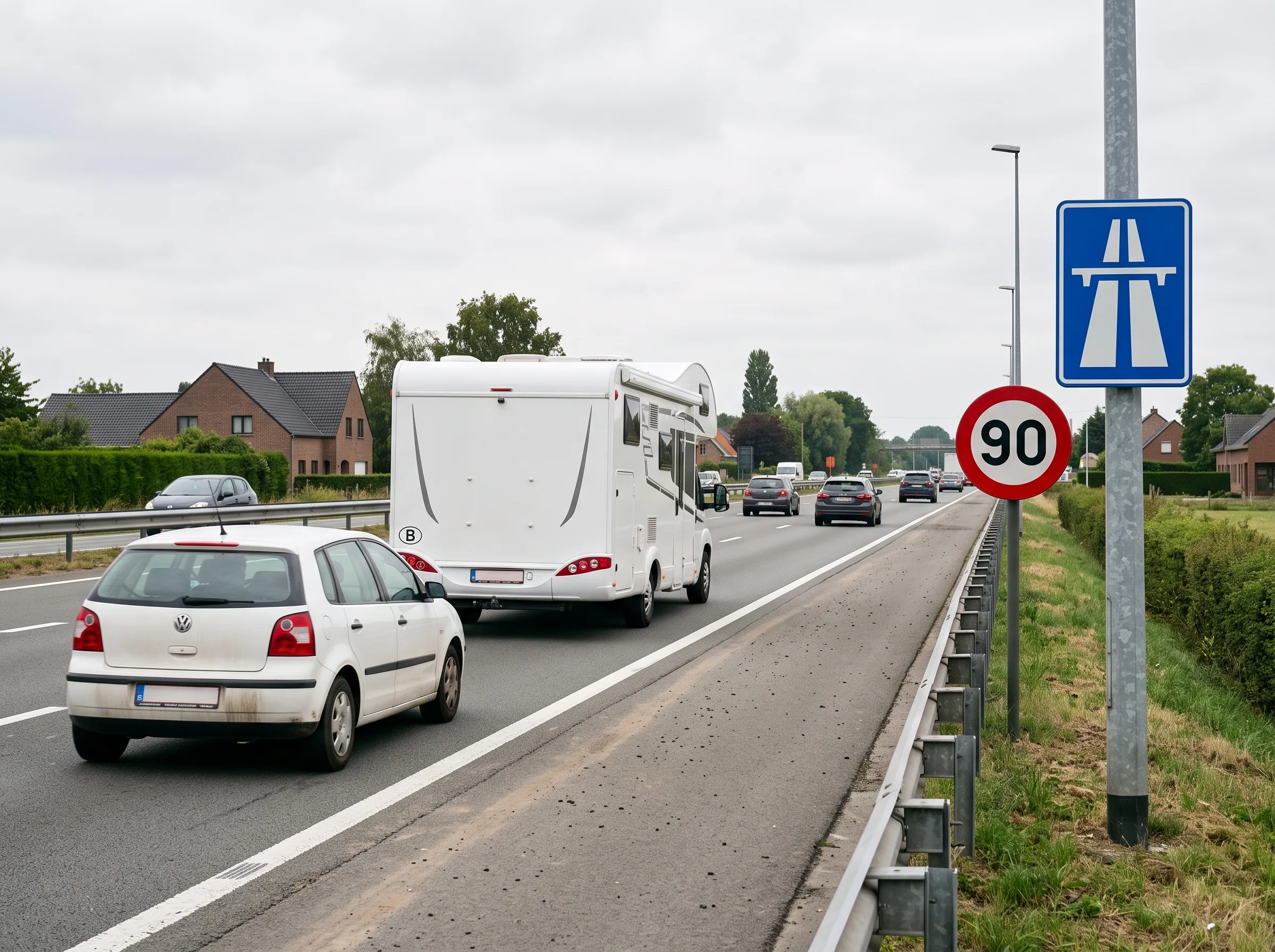 Camping-car de grand gabarit roulant sur la bande de droite d'une autoroute belge