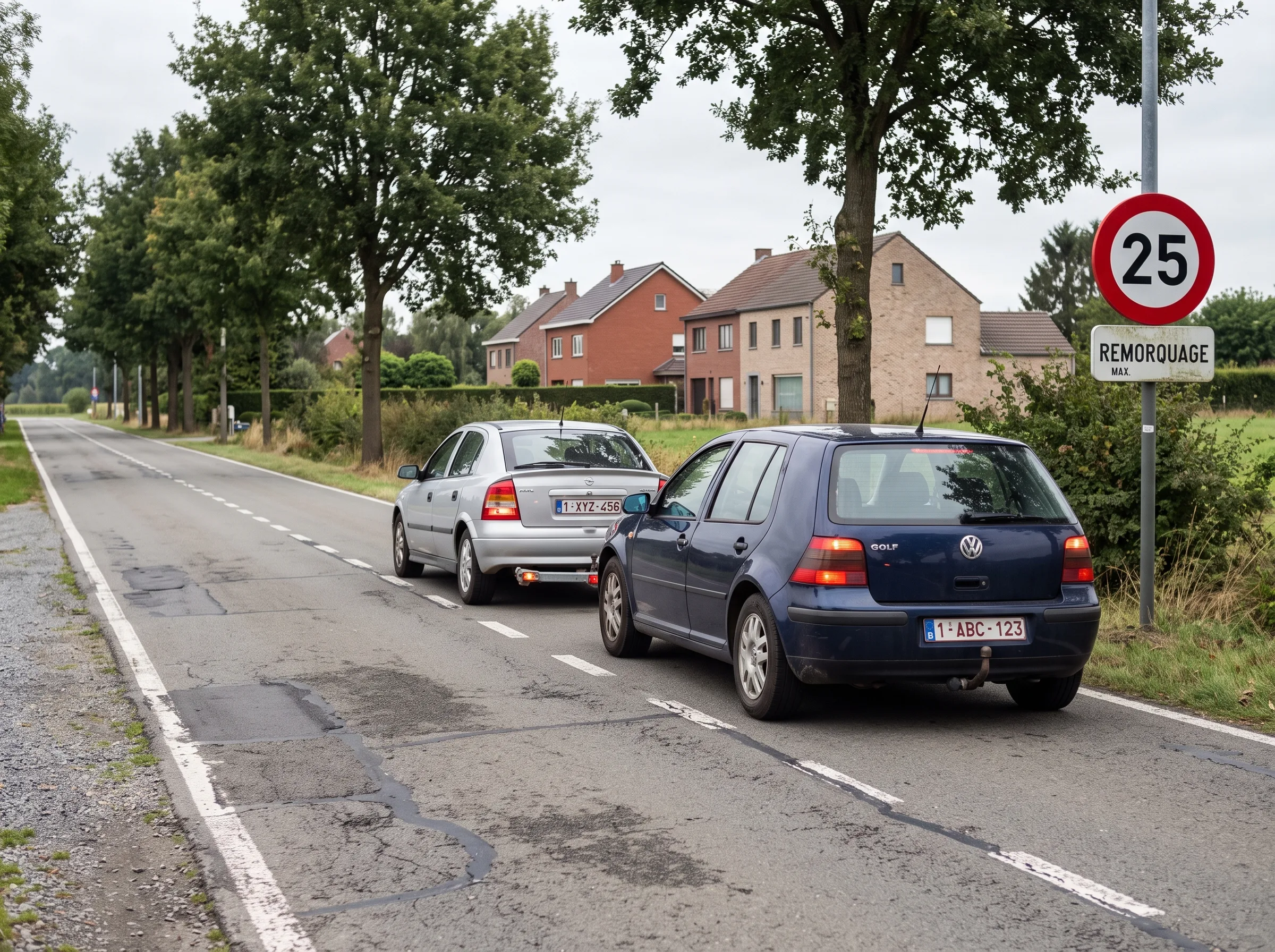 Voiture particulière remorquant une autre voiture au moyen d'une barre de remorquage rigide, feux de détresse allumés