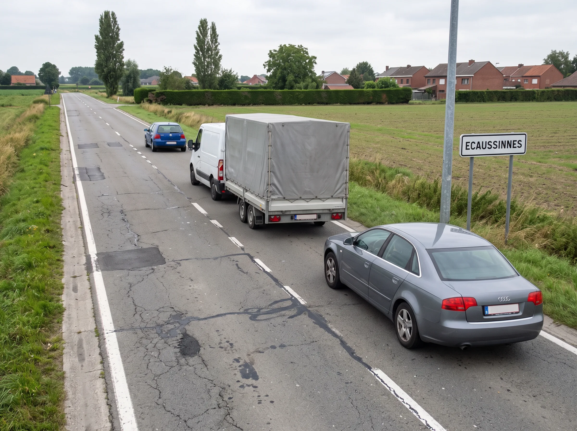 Schéma vu de dessus d'un ensemble camionnette et remorque de 9 mètres suivant une berline hors agglomération, l'écart restant à déterminer