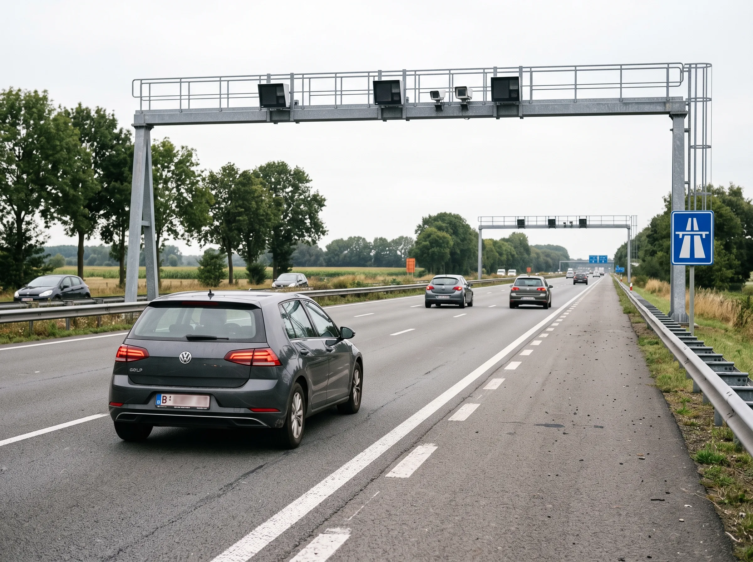 Portique de contrôle de vitesse par tronçon au-dessus d'une autoroute belge, avec un second portique identique visible au loin