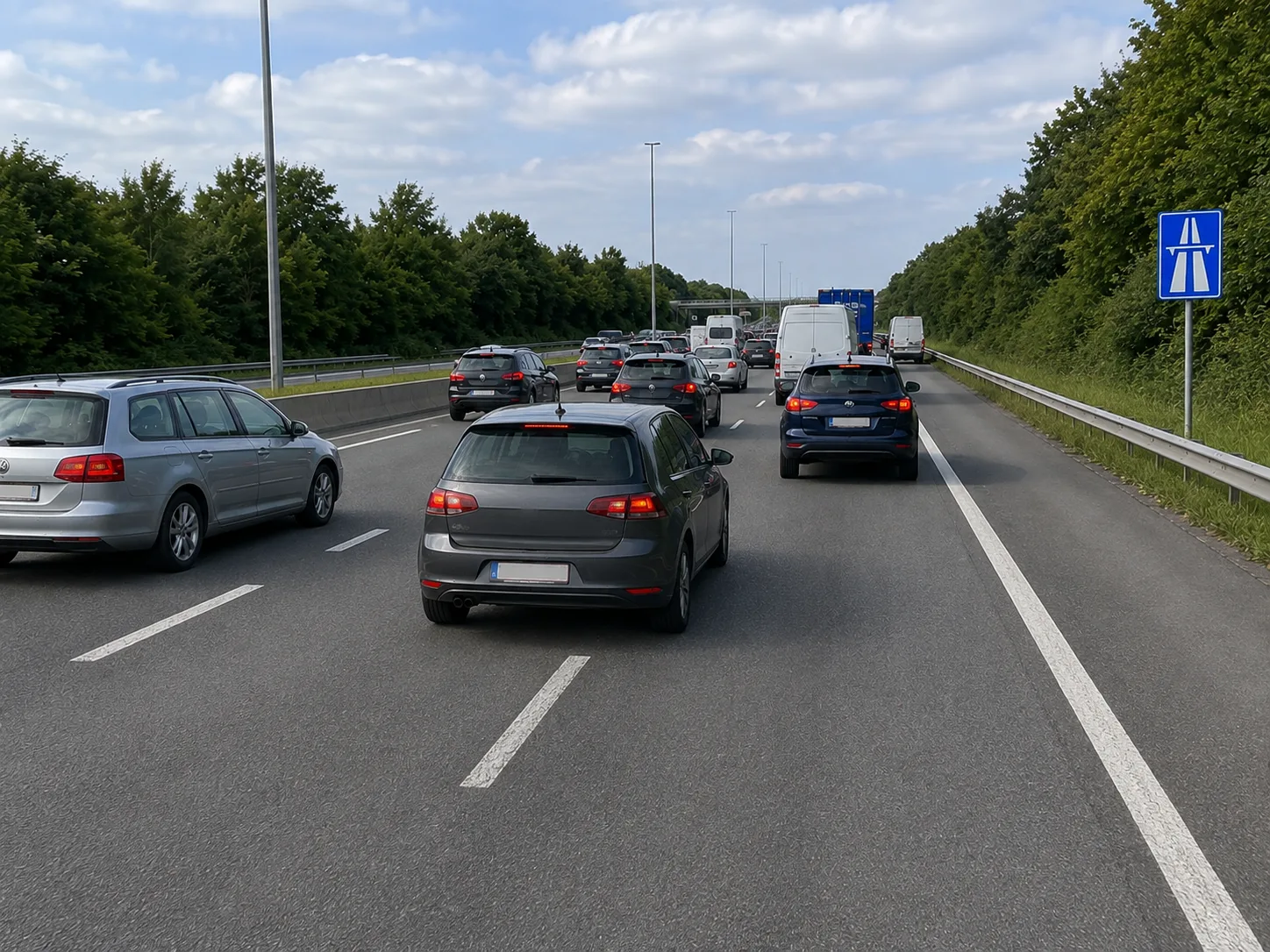 Vue du poste de conduite depuis la bande centrale d'une autoroute belge à trois bandes en cours d'immobilisation