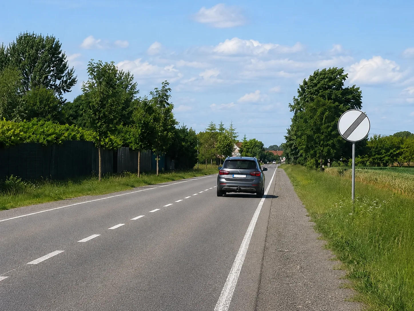 Panneau belge C46 de fin des interdictions locales au bord d'une route de campagne