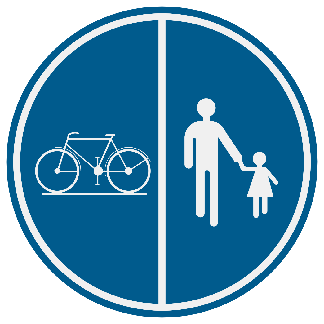 Voies séparées pour piétons et cyclistes — vélo à gauche