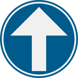 Signal belge D1 : disque a fond bleu et fleche blanche vers le haut, direction obligatoire
