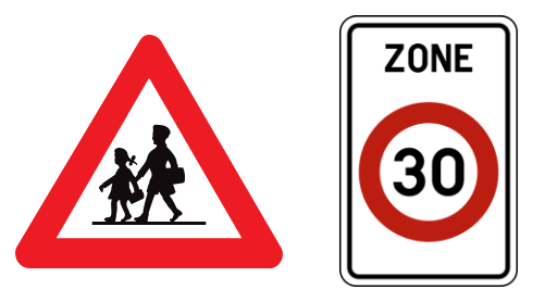 Le triangle « enfants » A23 et le panneau d'entree de zone 30, comme aux abords d'une ecole