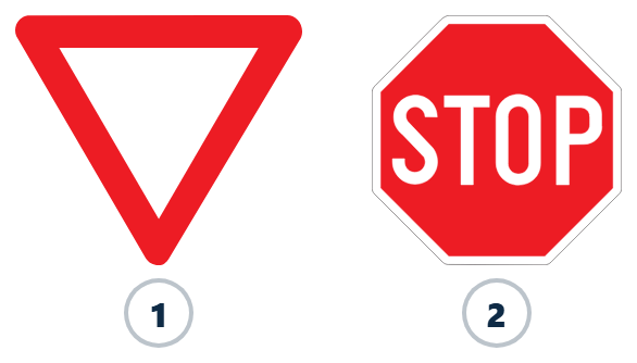 Deux signaux belges cote a cote : le numero 1 est le cedez-le-passage B1, le numero 2 le STOP B5