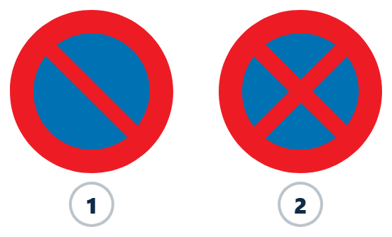 Deux signaux belges cote a cote : le numero 1 est le E1 a une seule barre, le numero 2 le E3 a deux barres croisees